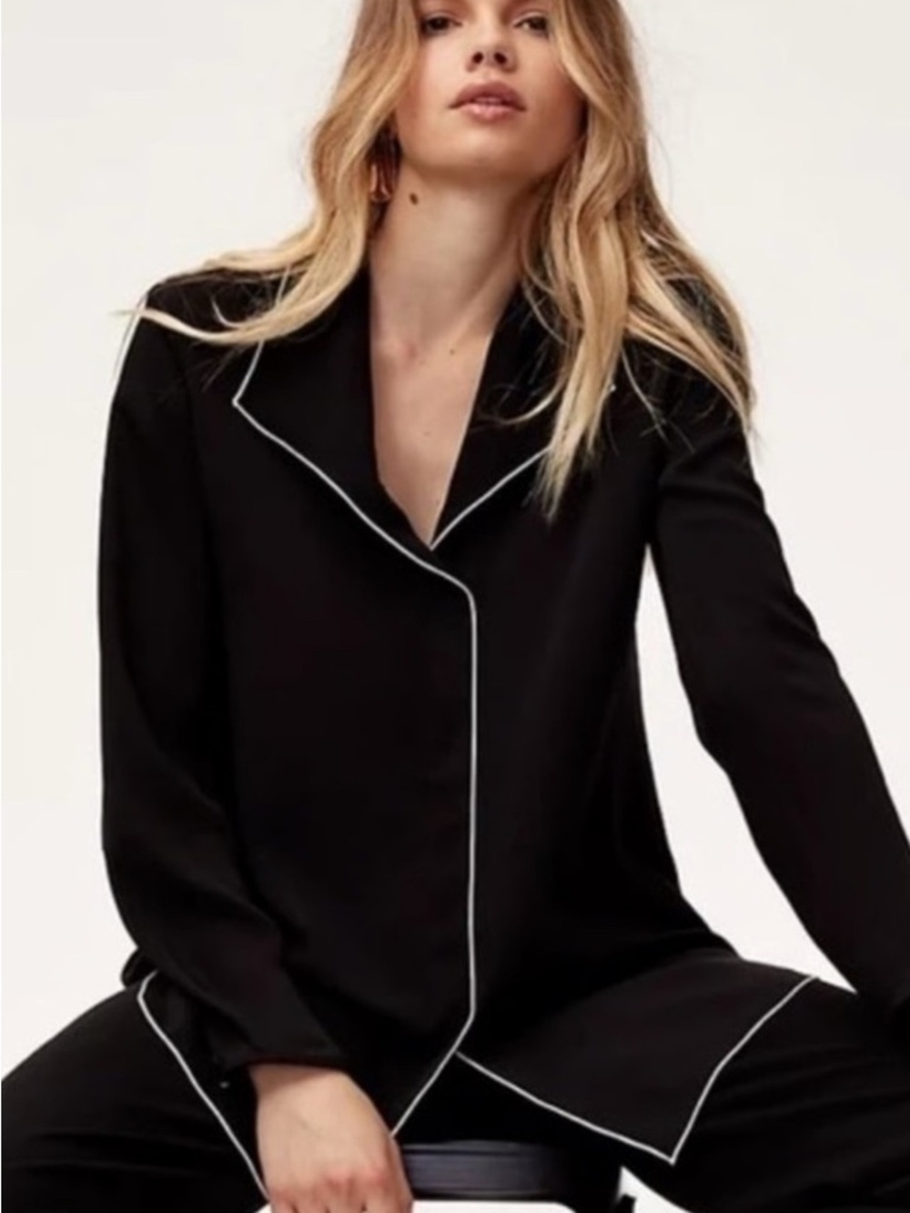 Babaton Black Piped Button Front Blouse Size S Minimal Chic